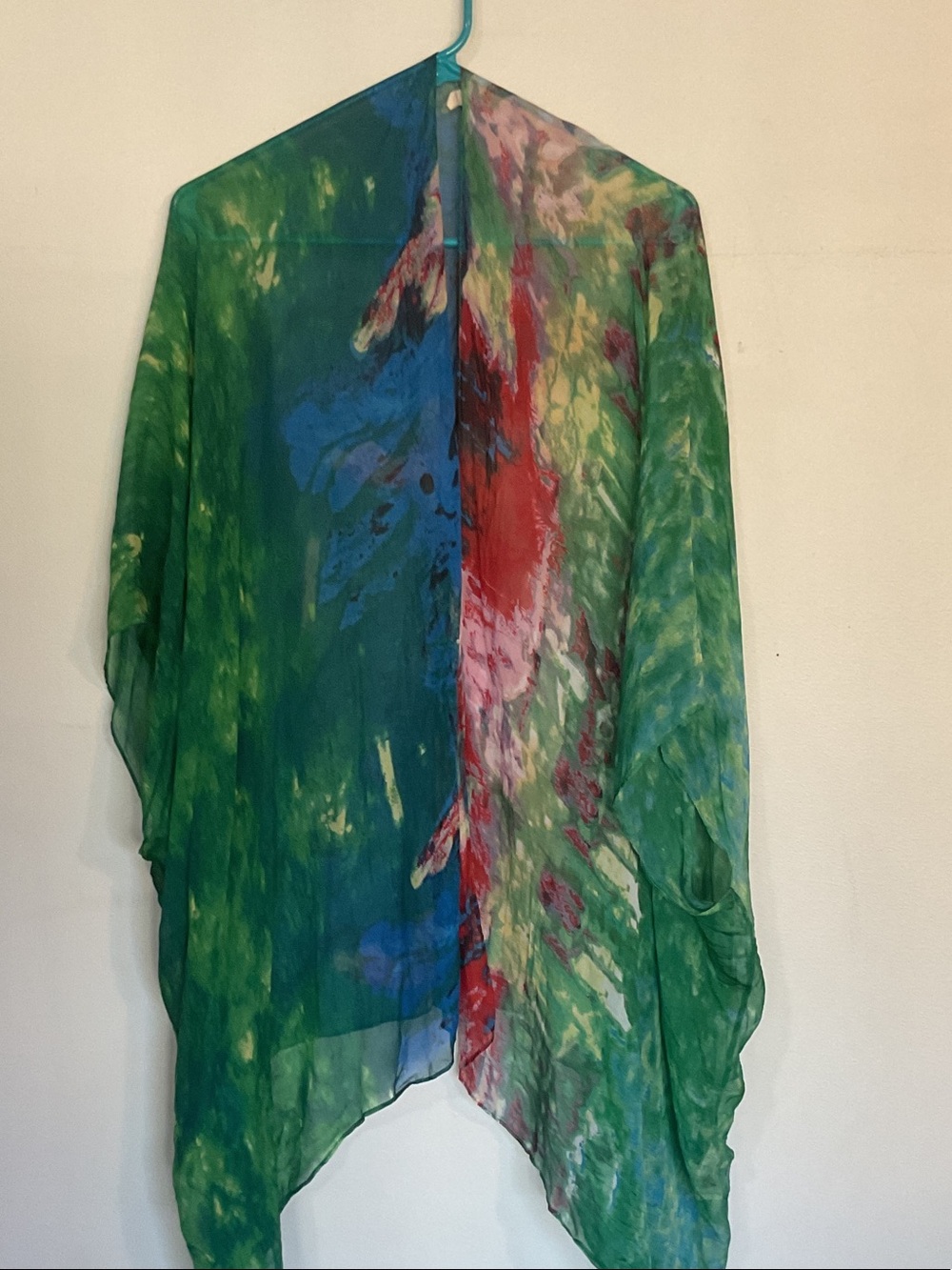 Soft surroundings 100% silk kimono watercolor floral green blue red